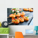 Appetizing grilled prawns on skewer. Wall Mural
