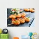 Appetizing grilled prawns on skewer. Wall Mural