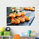 Appetizing grilled prawns on skewer. Wall Mural