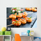 Appetizing grilled prawns on skewer. Wall Mural