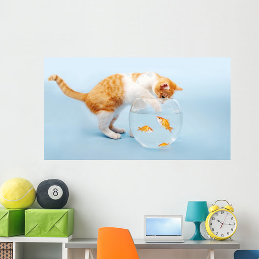 Katze fischt in Goldfischglas Wall Mural