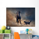 Beautiful black stallion with dog in desert Wall Mural