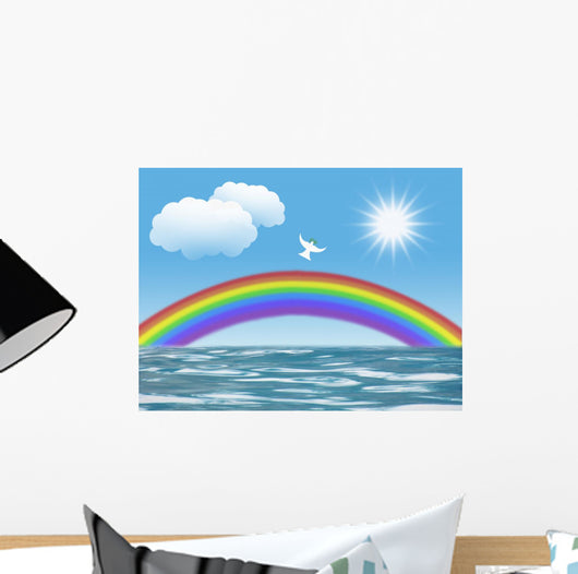 white dove flying to sun with olive leaf rainbow clouds Wall Mural