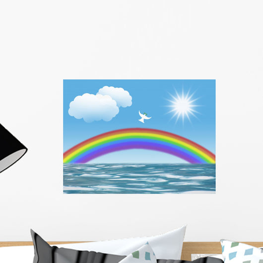white dove flying to sun with olive leaf rainbow clouds Wall Mural