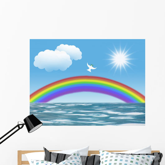 white dove flying to sun with olive leaf rainbow clouds Wall Mural