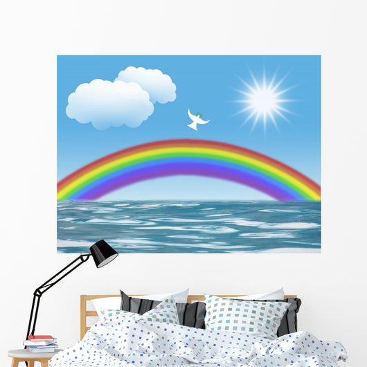 white dove flying to sun with olive leaf rainbow clouds Wall Mural