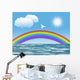 white dove flying to sun with olive leaf rainbow clouds Wall Mural