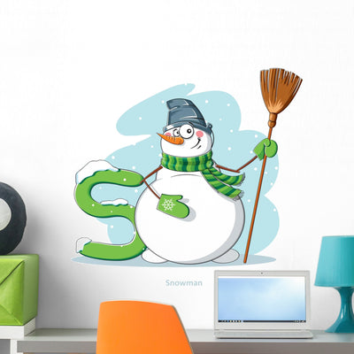 Letter S Snowman Wall Decal shown on a wall