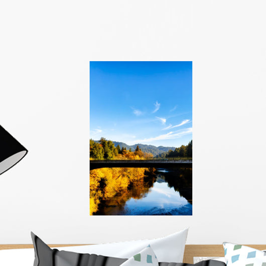 California Russian River bridge, scenic fall color. Sonoma Wall Mural