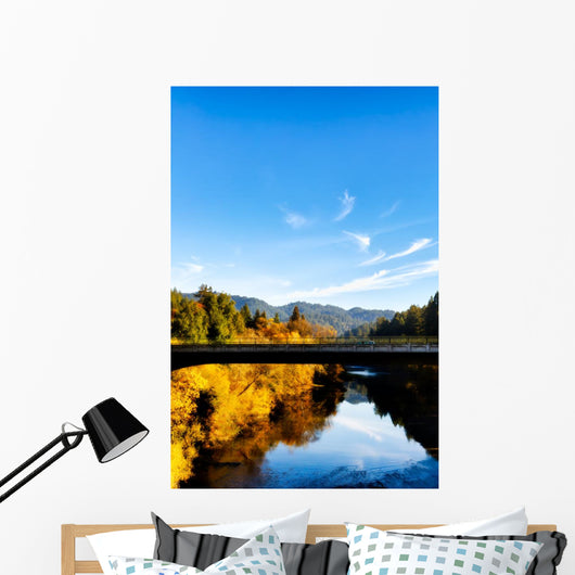 California Russian River bridge, scenic fall color. Sonoma Wall Mural