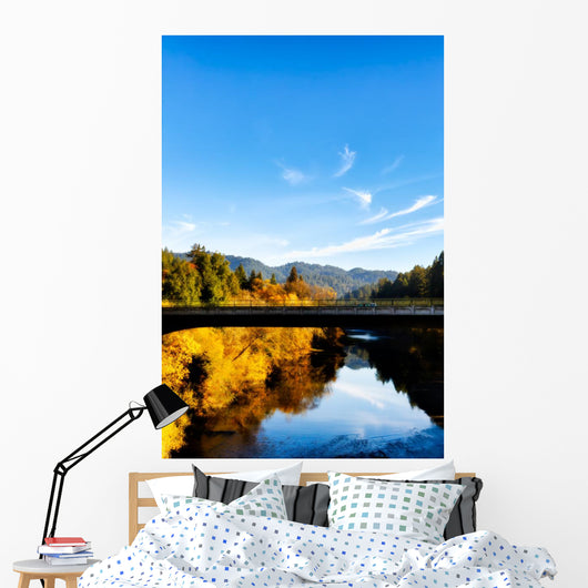 California Russian River bridge, scenic fall color. Sonoma Wall Mural