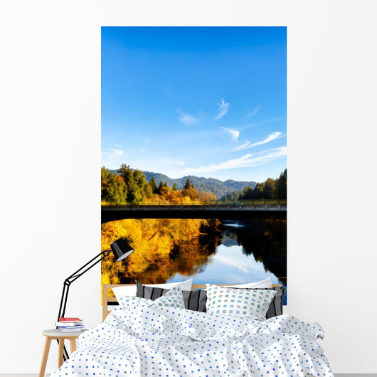 California Russian River bridge, scenic fall color. Sonoma Wall Mural