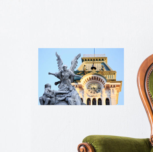 Detail Of Statues To Unit&atilde;  Square With Trieste Towen Hall In The Wall Decal