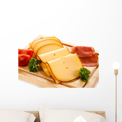 Cheese On Cutting Board On White Background Wall Decal shown on a wall
