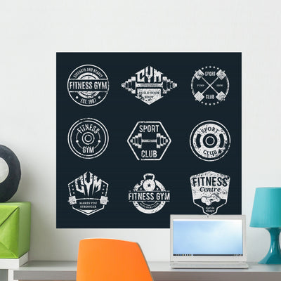 Vector Grungy Gym And Fitness Logo, Labels And Athletic Badges Wall Decal shown on a wall
