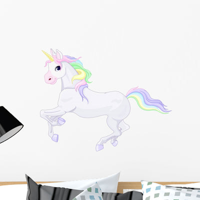Rainbow Haired Fairy Unicorn Wall Decal shown on a wall