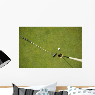 Golf Club And Golf Ball On The Putting Green Beside Flag Wall Decal shown on a wall
