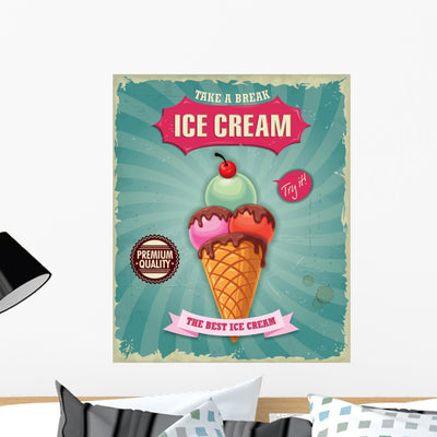 Vintage Ice Cream Poster Wall Decal shown on a wall