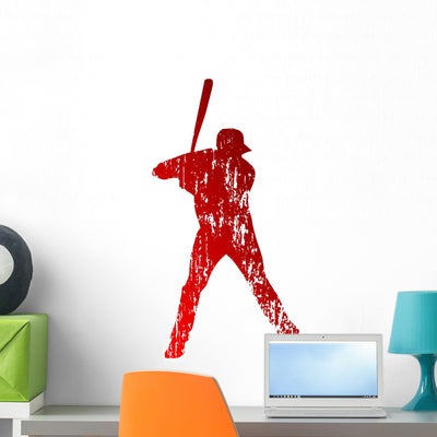 Grungy Baseball Player Wall Decal shown on a wall