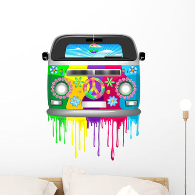 Hippie Van Dripping Rainbow Paint Wall Decal shown on a wall