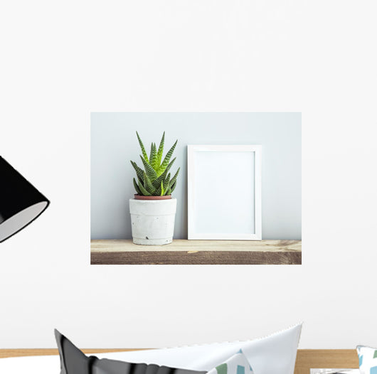 frame with succulent in diy  pot. Mock up. Scandinavian design Wall Mural