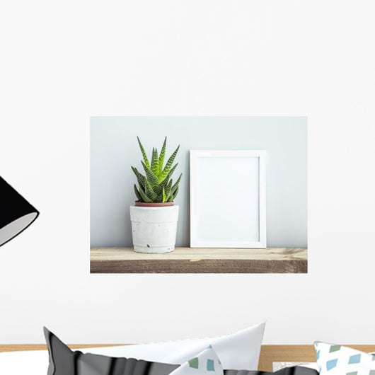 frame with succulent in diy  pot. Mock up. Scandinavian design Wall Mural