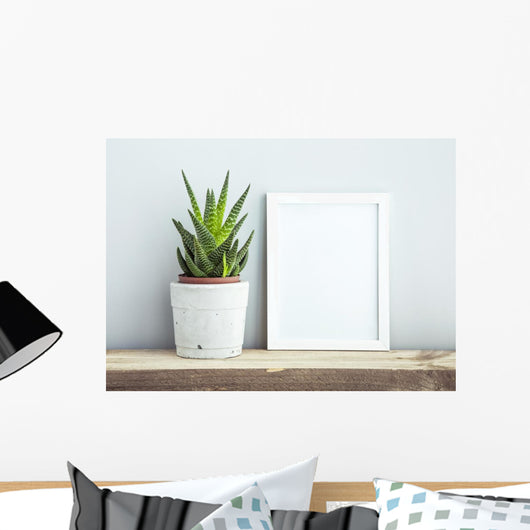 frame with succulent in diy  pot. Mock up. Scandinavian design Wall Mural