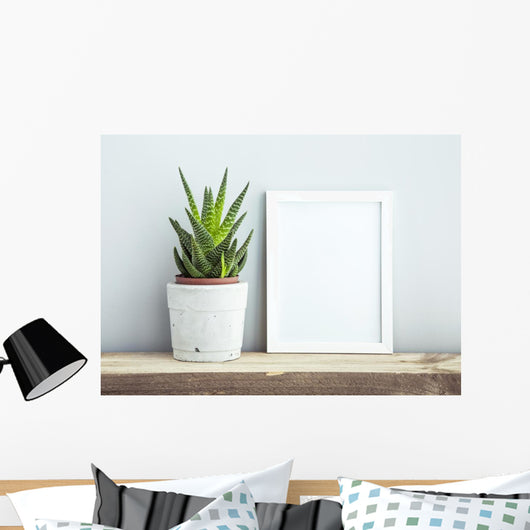 frame with succulent in diy  pot. Mock up. Scandinavian design Wall Mural