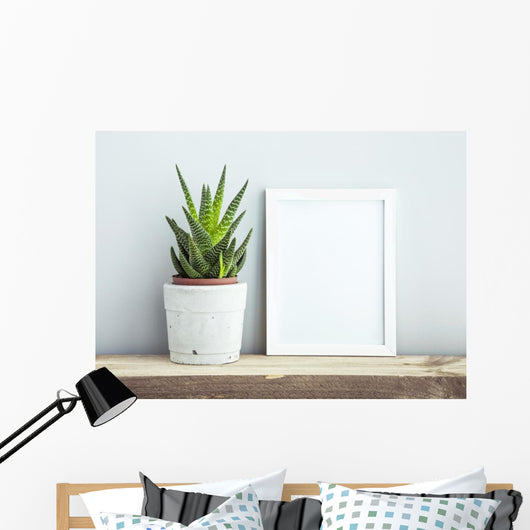 frame with succulent in diy  pot. Mock up. Scandinavian design Wall Mural