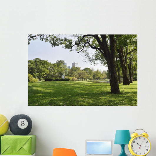 Green grass field in big city park Wall Mural
