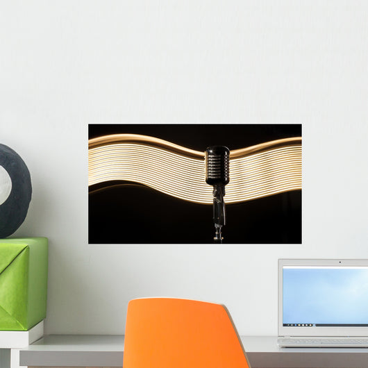 Vintage retro microphone on the black background with light wave Wall Mural
