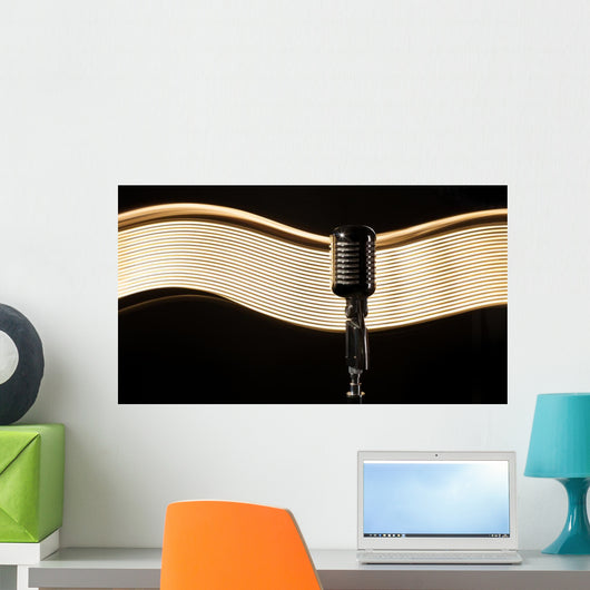 Vintage retro microphone on the black background with light wave Wall Mural