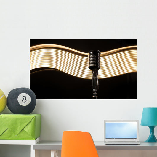 Vintage retro microphone on the black background with light wave Wall Mural