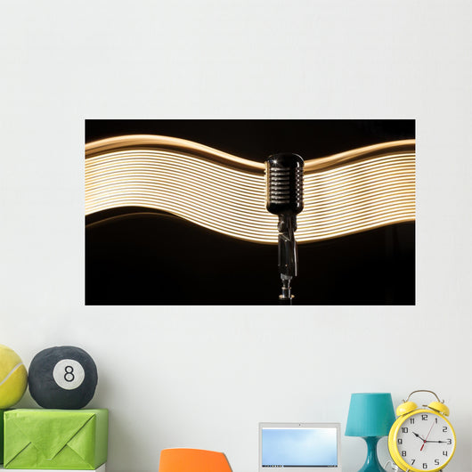 Vintage retro microphone on the black background with light wave Wall Mural
