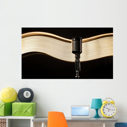 Vintage retro microphone on the black background with light wave Wall Mural