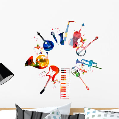 Colorful Musical Instruments Wall Decal 2 shown on a wall