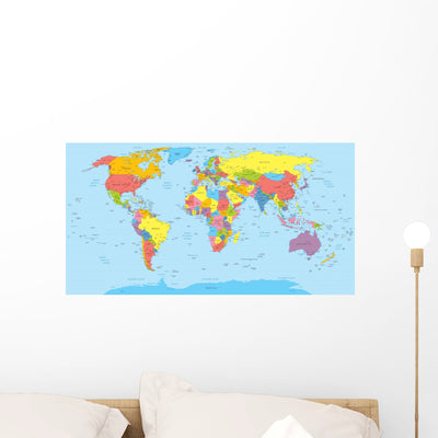 World Map With Countries, Country And City Names Wall Decal shown on a wall