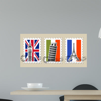 Three Postmarks with Sights Wall Decal shown on a wall