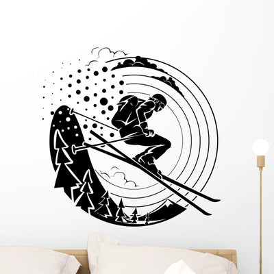 Free-Rider Is Skiing Downhill Along Fir Trees. Wall Decal shown on a wall