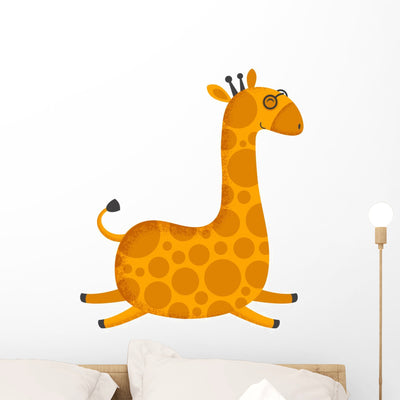 Chubby Jumping Giraffe Wall Decal shown on a wall