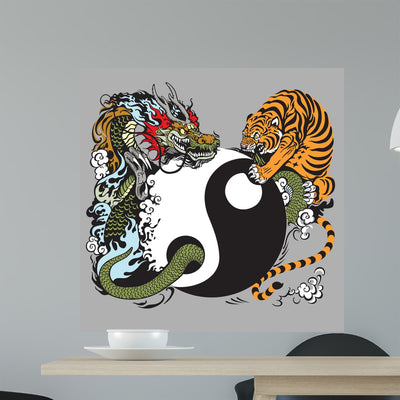 Yin Yang Symbol With Dragon And Tiger Wall Decal shown on a wall