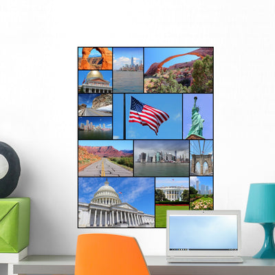 USA Photos - Travel Collage Wall Decal shown on a wall
