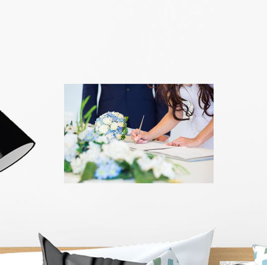 Bride signing wedding license Wall Mural