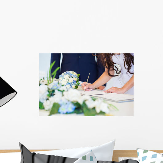Bride signing wedding license Wall Mural