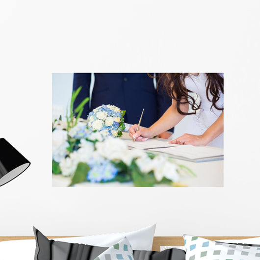 Bride signing wedding license Wall Mural