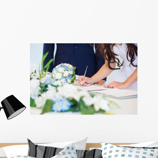 Bride signing wedding license Wall Mural