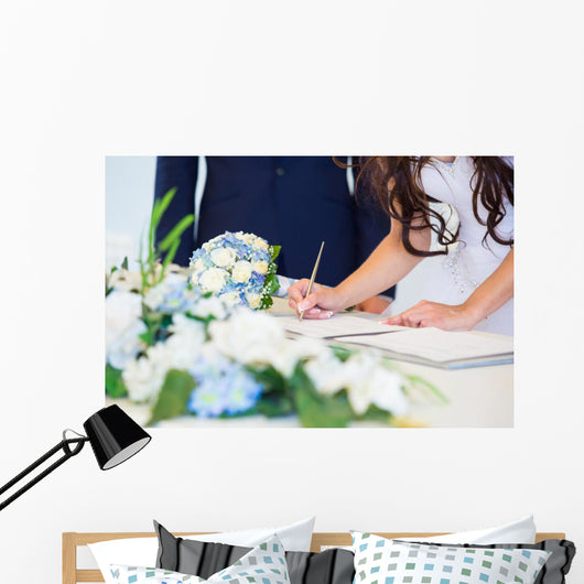 Bride signing wedding license Wall Mural