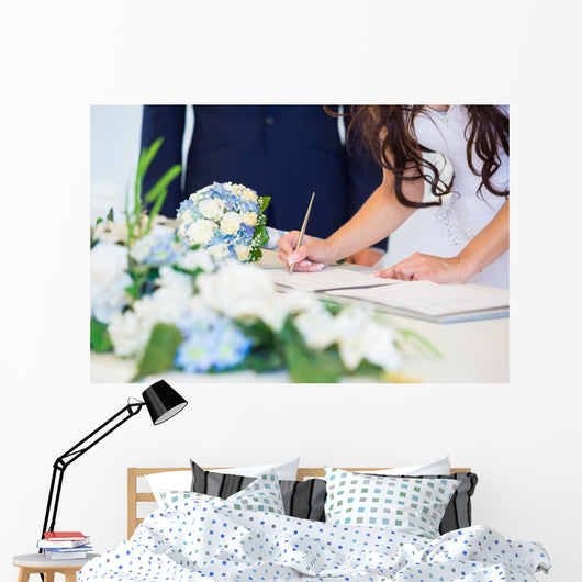 Bride signing wedding license Wall Mural