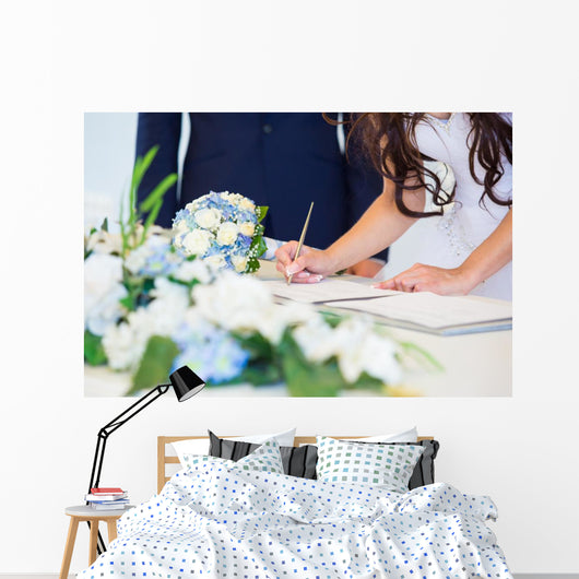 Bride signing wedding license Wall Mural