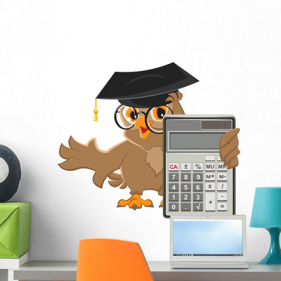 Owl Teacher Holding Calculator Wall Decal shown on a wall